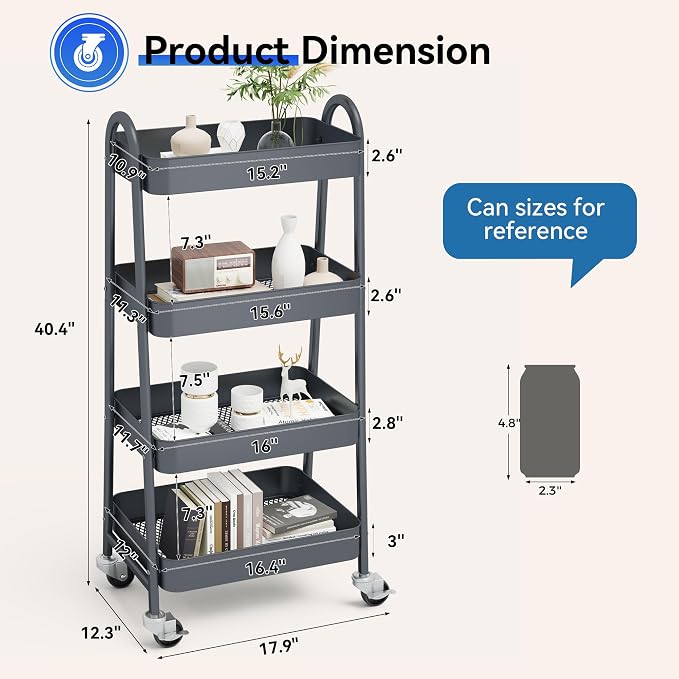 OLIXIS 4 Tier Utility Rolling Cart, Metal Mobile Storage Shelf - Image 4