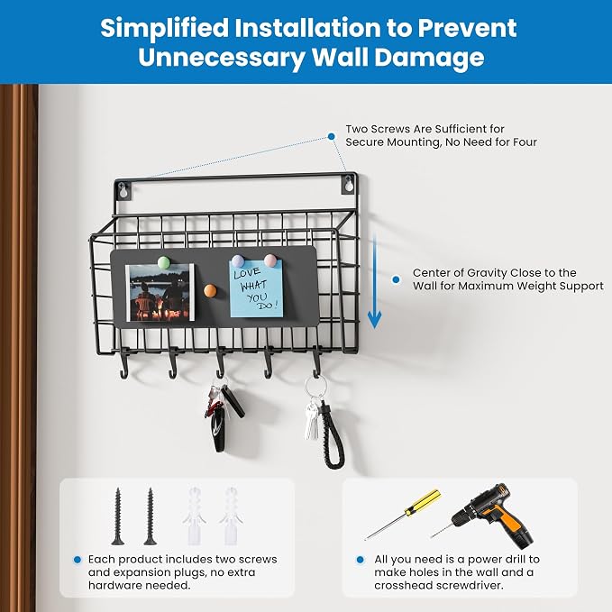 Easy Assembly and Installation Iron Key Holder Wall Mount, Mail Organizer - Image 6
