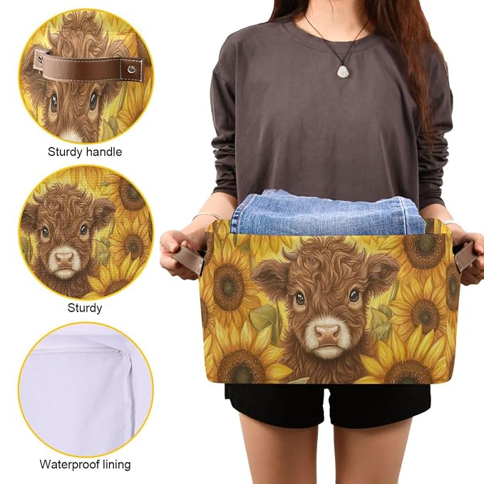 Cow Sunflowers Golden Rectangular Storage Bin Basket - Image 7