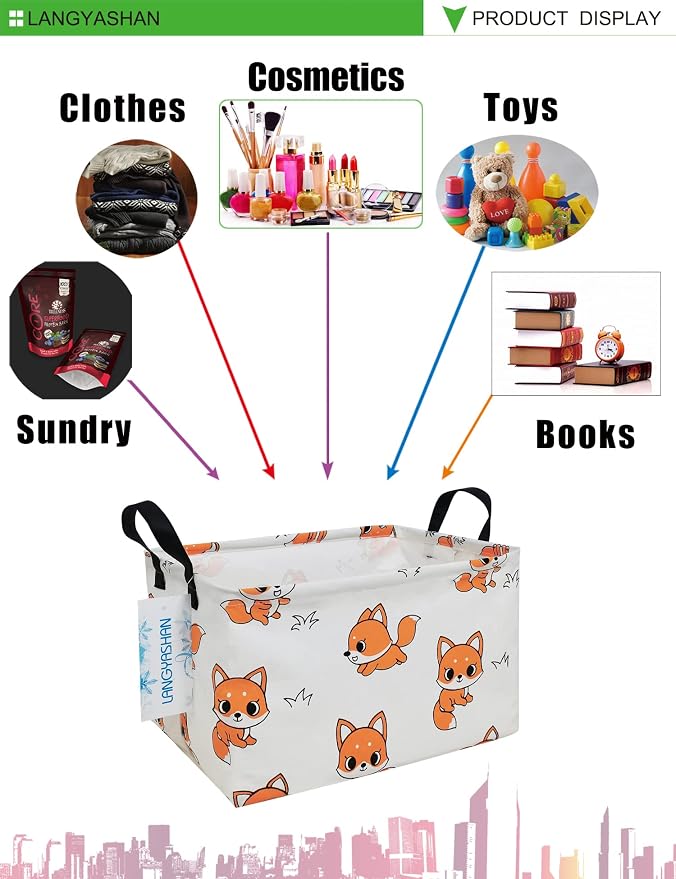 LANGYASHAN Rectangular Storage Bin Collapse Canvas Fabric Cartoon Storage Basket - Image 6