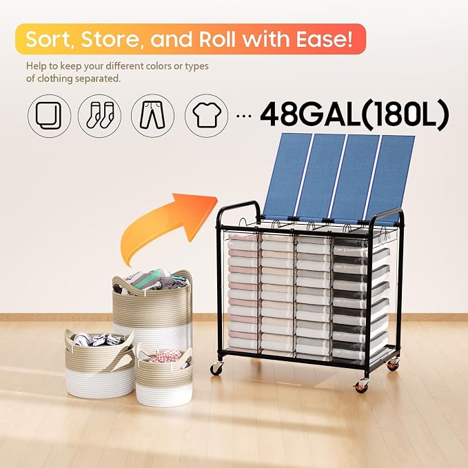 Laundry Sorter 4 Sections 48 Gal, Rolling Laundry Basket - Image 6
