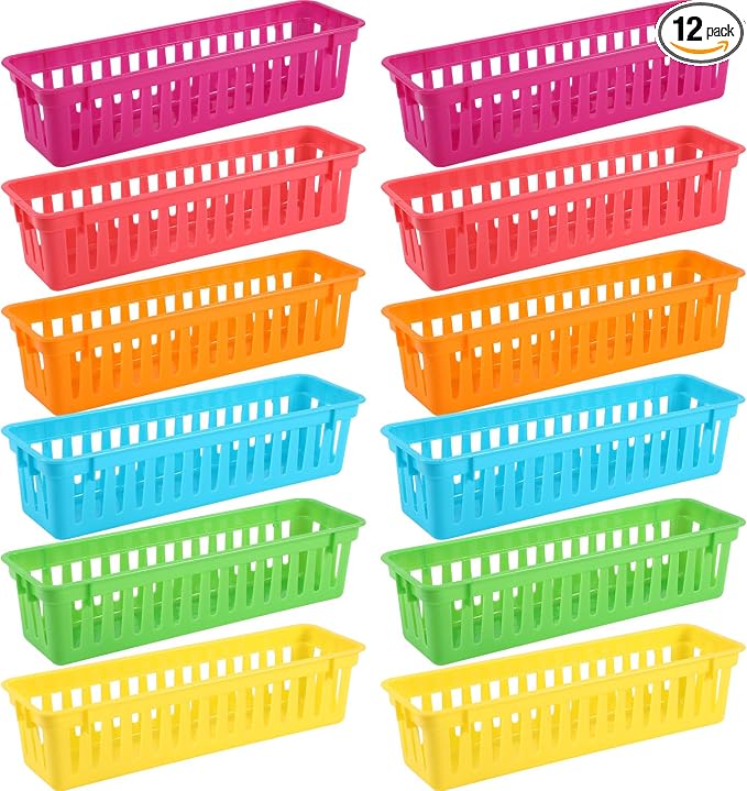 12 Pcs Colorful Slim Plastic Storage Baskets Tray 10 x 3 x 2.5 Inch Compact by Unknown