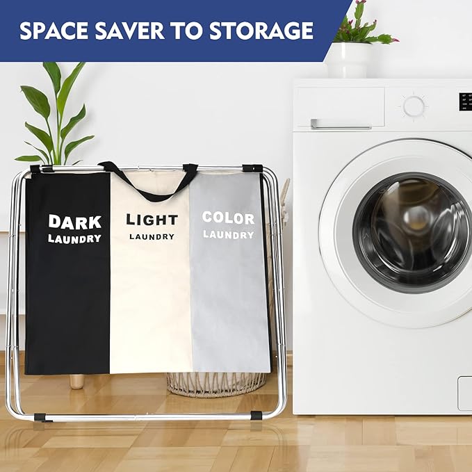 135L Laundry Cloth Hamper Sorter Basket Bin Foldable 3 Sections - Image 3