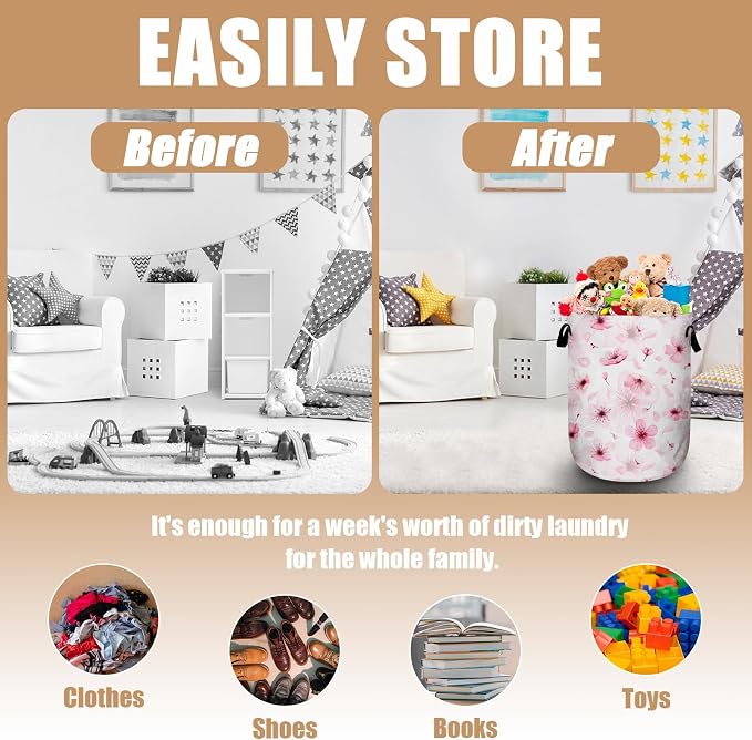Watercolor Cherry Blossom Laundry Basket, Foldable Pink Flower Laundry Hamper - Image 3
