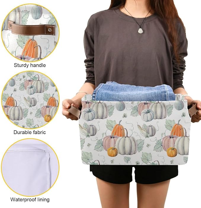 Fall Pumpkin Storage Basket Fabric Kitchen Baskets Autumn Maple Leaves Open - Image 6