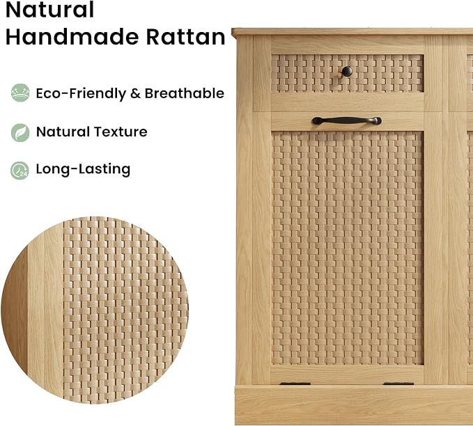 Double Tilt Out Laundry Hamper Cabinet, Rattan-Style Laundry Room Organization - Image 7