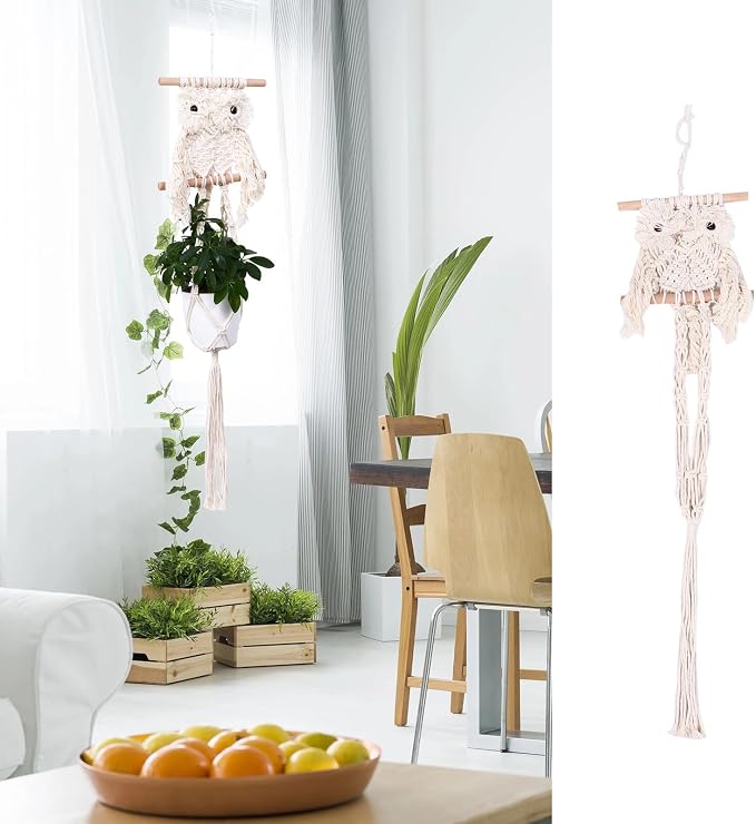 Nordic Style Hand-Knitted Macrame Owl Plant Hanger Basket - Image 6