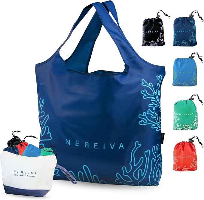 5 Pack Foldable Grocery Bags into Tiny Pouch by Nereiva