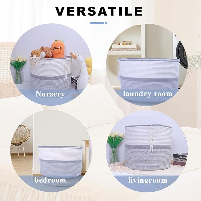 Large Woven Rope Laundry Hamper, Cotton Rope Storage Basket - Image 3