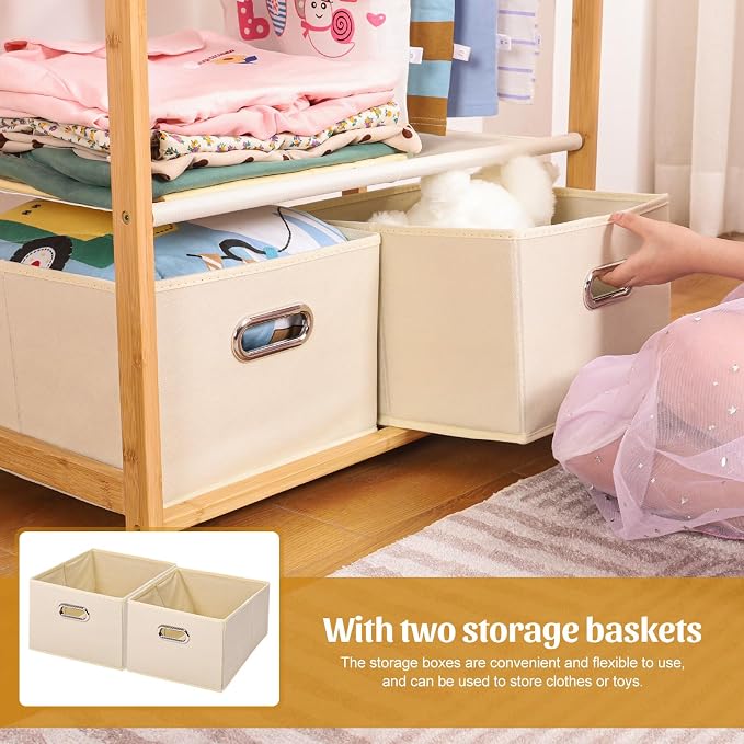 Kids Clothing Rack Bamboo with 2 Storage Baskets and 2 Adjustable Hanging Rods - Image 4