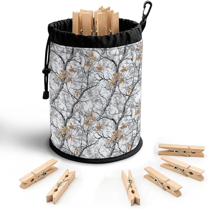 Clothespin Storage Bag with Hooks & Drawstring Closure Bare Branch Leaf Space by Unknown