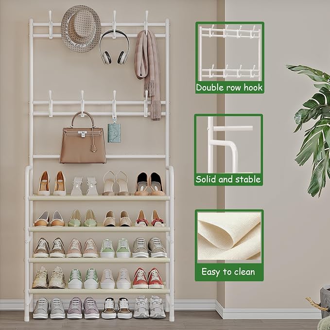 Coat Rack Shoe Rack With Storage Shelf Freestanding with 8 Hooks - Image 4