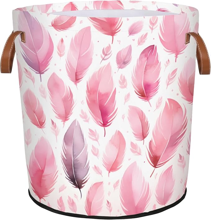 Pink Feather Laundry Basket Waterproof Collapsible Hamper by Mozaigos