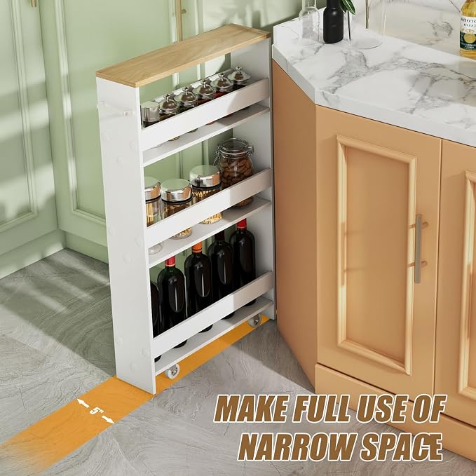 Slim Rolling Storage Cart, 4-Tier Kitchen Utility Carts on Wheels, Wood - Image 2