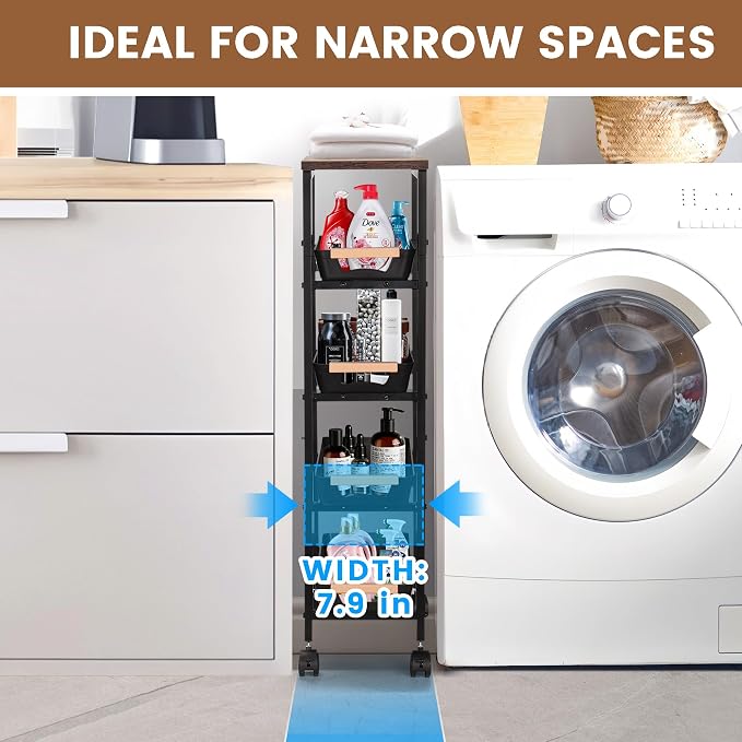 Slim Storage Cart, 5-Tier Narrow Rolling Kitchen Laundry Room Cart - Image 3