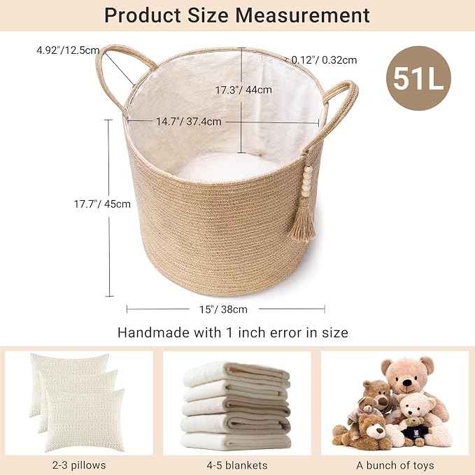 Mkono Tall Wicker Laundry Basket Woven Storage Basket Decorative Natural Rope - Image 6