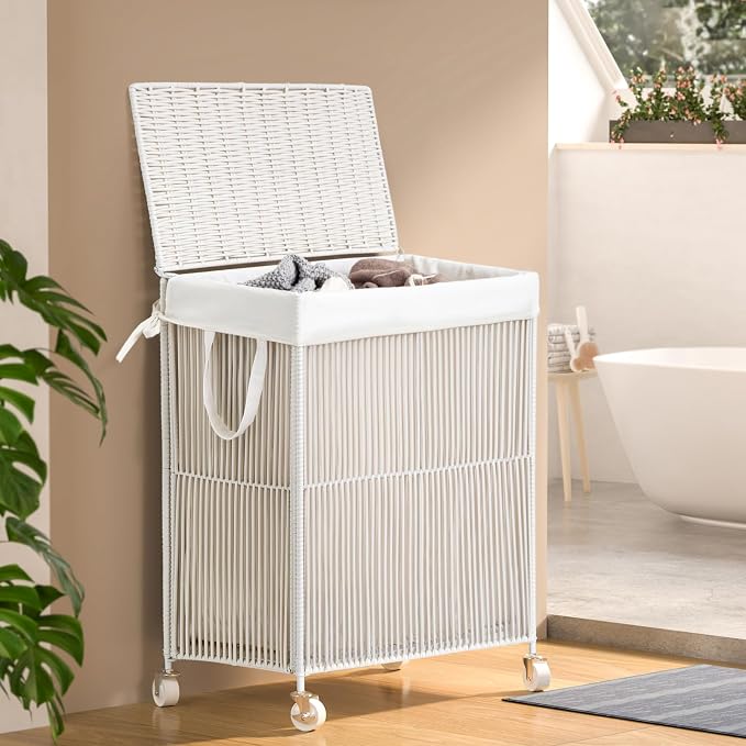 WOWLIVE Laundry Hamper with Wheels, Handwoven Rolling Laundry Basket with Lid - Image 2