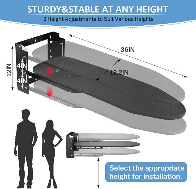 Wall Mounted Ironing Board Height Adjustment, 36 x 12 Inch Fold Down Ironing - Image 3
