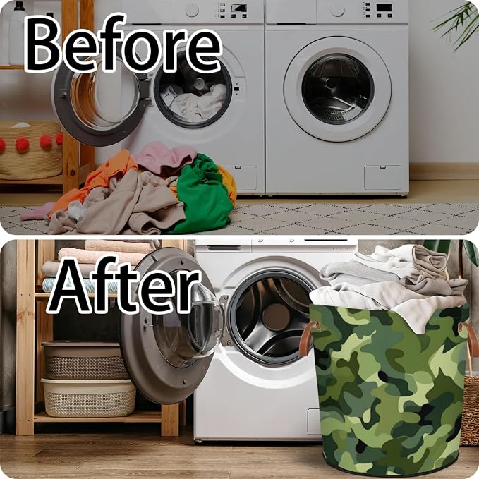 Green Camo Laundry Hamper Waterproof Collapsible Basket - Image 5