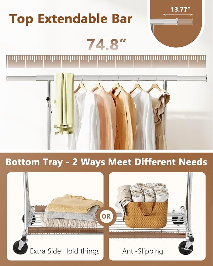 Hoctieon 1-Minute Assembly Clothes Rack, 480 lbs Heavy Duty Rolling Clothing - Image 7