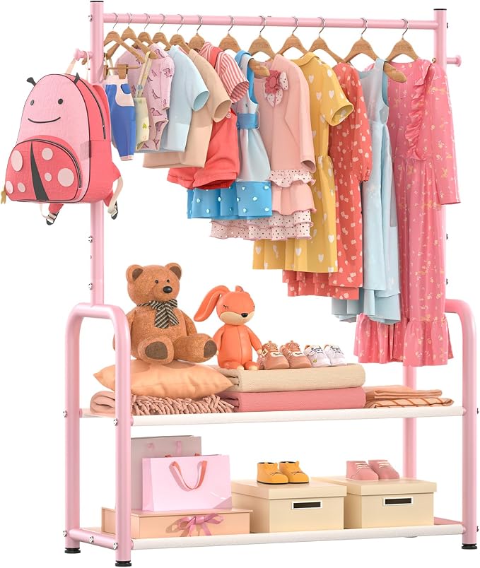 Kids Clothing Rack with 2-Layer Storage Shelf and 2 Adjustable Hanging Rods - Image 2