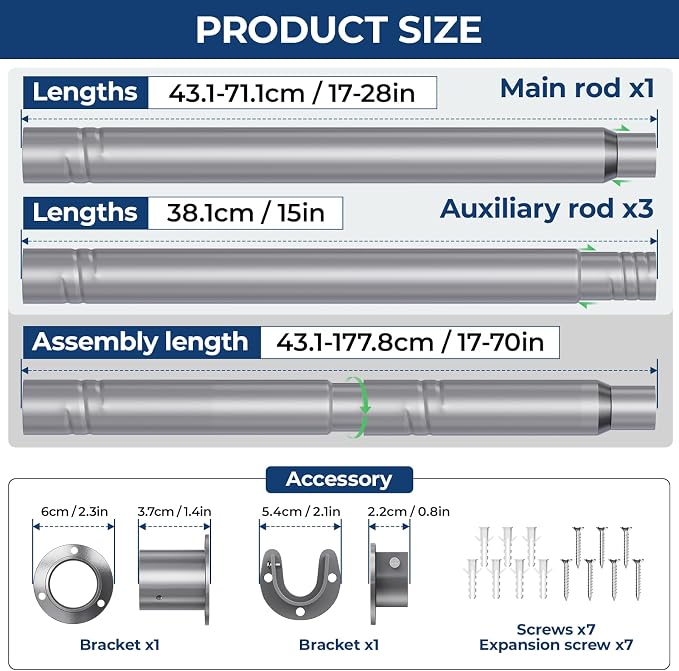 Mavivegue Closet Rod, 17 to 70 Inch Adjustable Closet Rods - Image 3