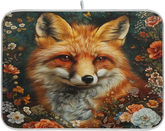 Beautiful Red Fox Flowers Retro Absorbent Dish Drying Mat Microfiber Kitchen by Unknown
