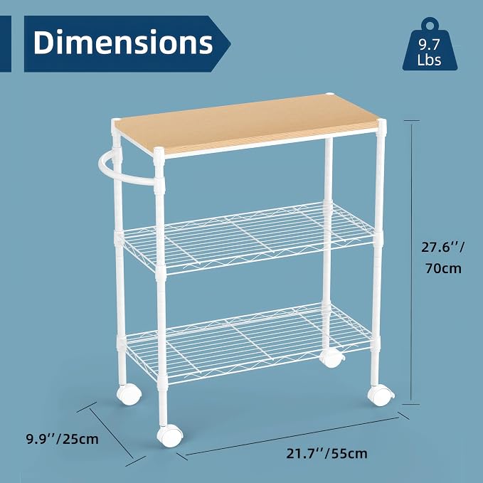 Whitmor 3 Tier Rolling Kitchen Cart, 27.6"x10"x21.7”Heavy Duty Metal Storage - Image 2
