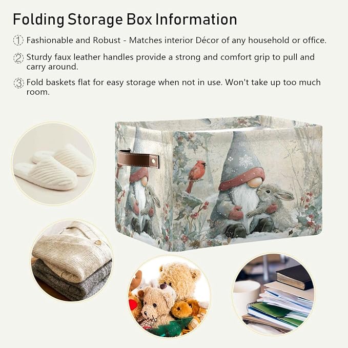 White Rabbit Gnome Christmas Print Rectangular Storage Bin Basket - Image 5