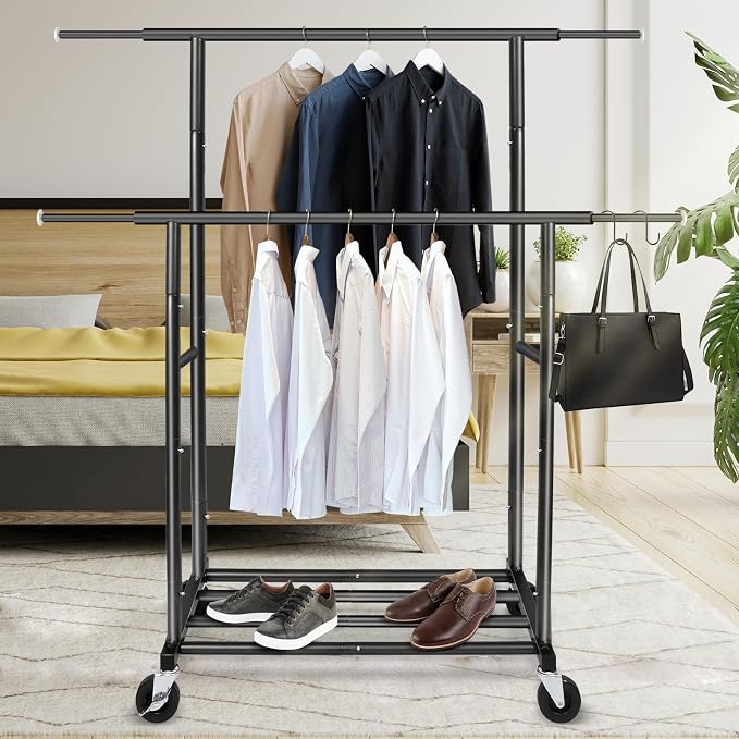 Stand Portable Black Double Rods Garment Rack - Image 2