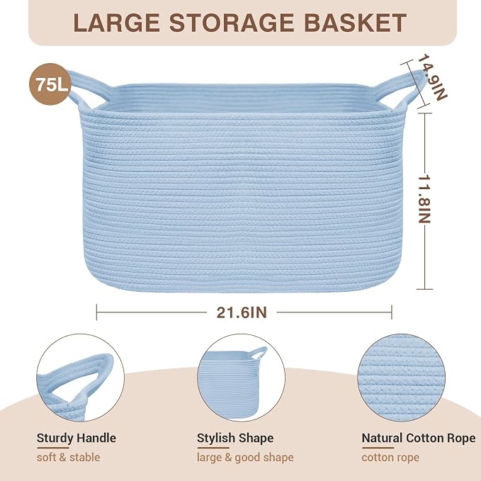 YOUDENOVA Nursery Storage Basket，21.6''×14.9''×11.8'' Rectangle Cotton Rope - Image 2