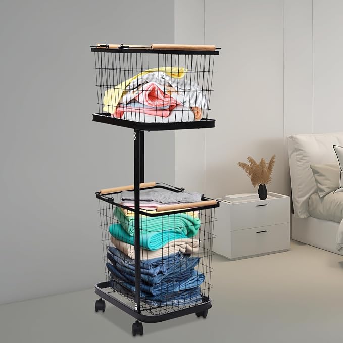 Laundry Basket with Wheels, 2 Tier Wire Laundry Cart Rolling Hamper Dirty - Image 2
