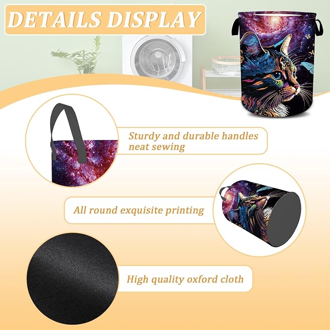 Cat Galaxy Space Laundry Basket, Foldable Waterproof Oxford Cloth Purple - Image 6
