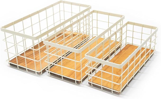 TIEYIPIN Farmhouse Decor Metal Wire Storage Baskets, Wood Base Containers by TIEYIPIN
