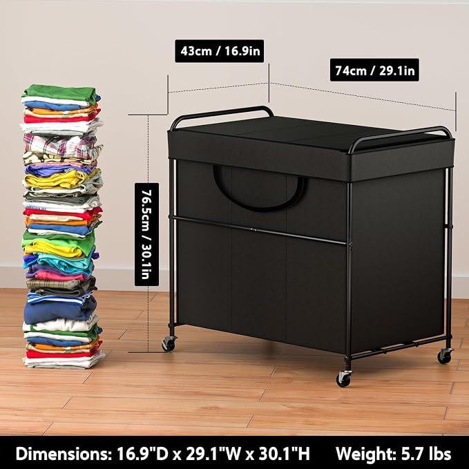 180L Large Laundry Hamper, 3 Compartment Laundry Basket - Image 3