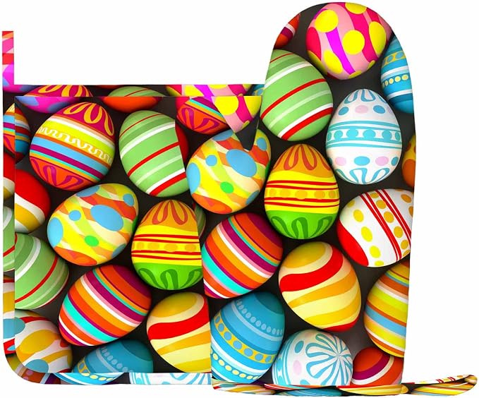 Mxocom Easter Eggs Heat-Resistant Oven Mitts and Pot Holder Painted Egg Stripes - Image 2