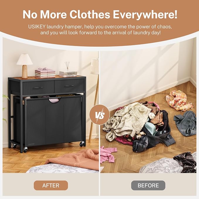 Laundry Sorter 3 Section with Tabletop & 2 Drawers, Rolling Laundry Hamper with - Image 8