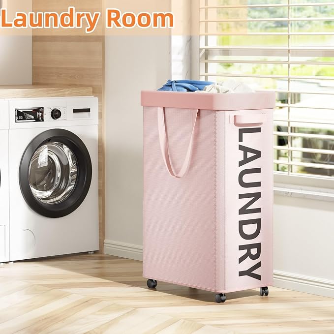 Pink Laundry Basket with Wheels, Dorm Room Essentials - Image 2