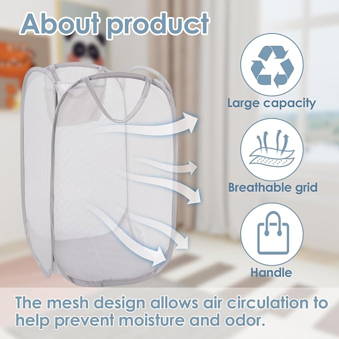 Foldable Pop Up Laundry Hamper – Set of 2 Collapsible Mesh Baskets - Image 4
