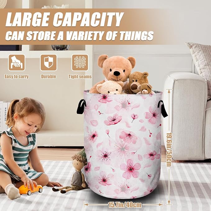 Watercolor Cherry Blossom Laundry Basket, Foldable Pink Flower Laundry Hamper - Image 2