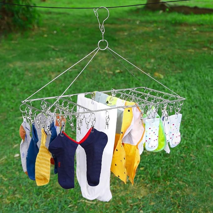 Folding Sock Dryer with 52 Peg, Stainless Steel Swivel Drying Rack Windproof - Image 6
