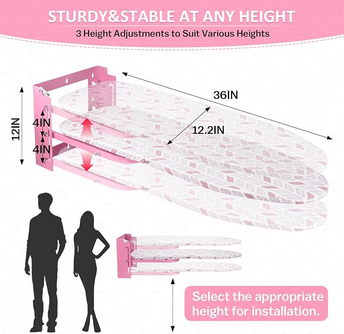 Wall Mounted Ironing Board Adjustable Height, 36 x 12 Inch Fold Away Iron Board - Image 3
