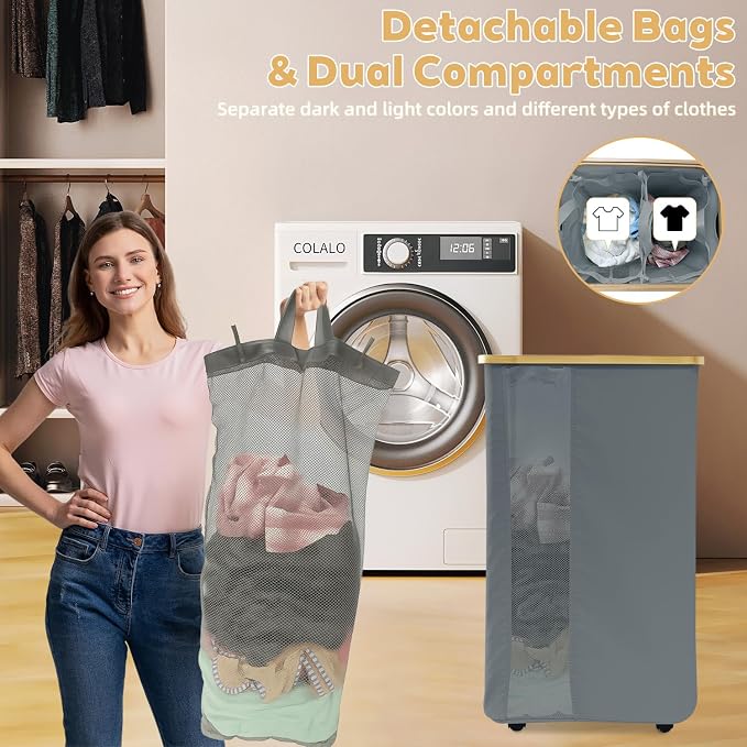 Rolling Laundry Hamper with Lid & Wheels, 110L Slim Double Grey Laundry Hamper - Image 4