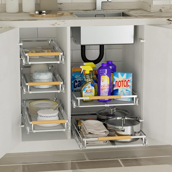 SANNO Pull Out Cabinet Organizer, Cabinet Slide Out Shelf, Pots Pans Organizers - Image 2