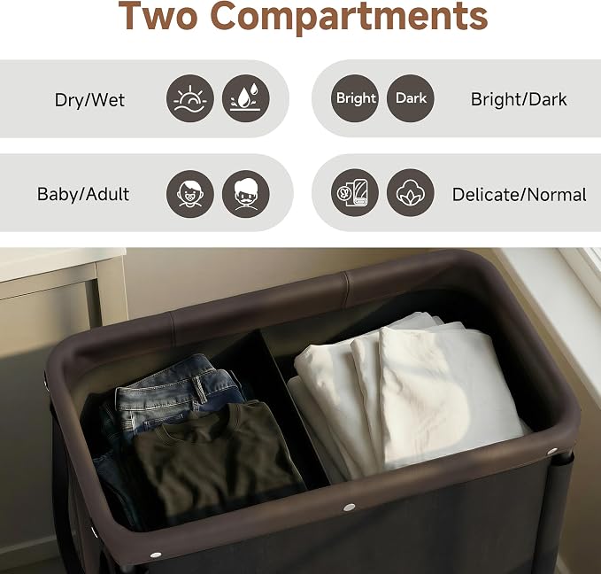 StorageWorks 2 Section Laundry Hamper, Rolling Laundry Cart - Image 2