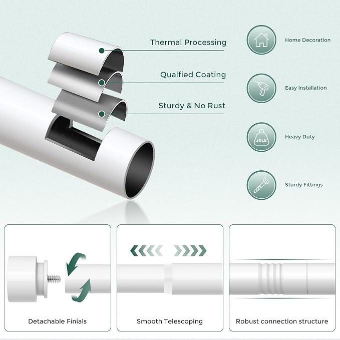 White Curtain Rods 2 Pack for Windows 48 to 84 Inch, Heavy Duty 1'' Diameter - Image 9