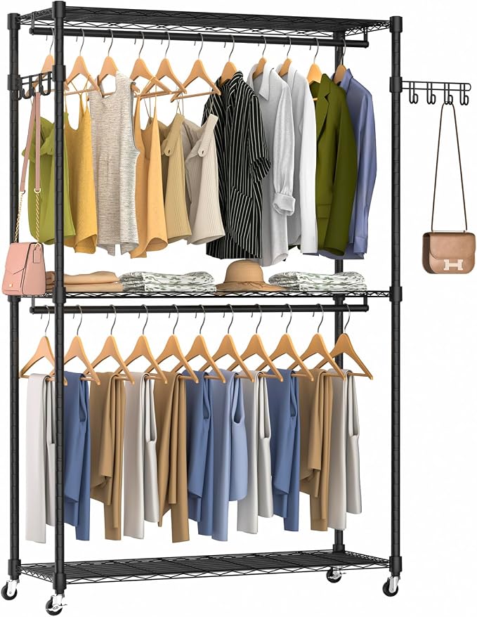 Heavy Duty Rolling Garment Rack, 3 Tiers Wire Shelves Adjustable Freestanding by EXGLOBOL
