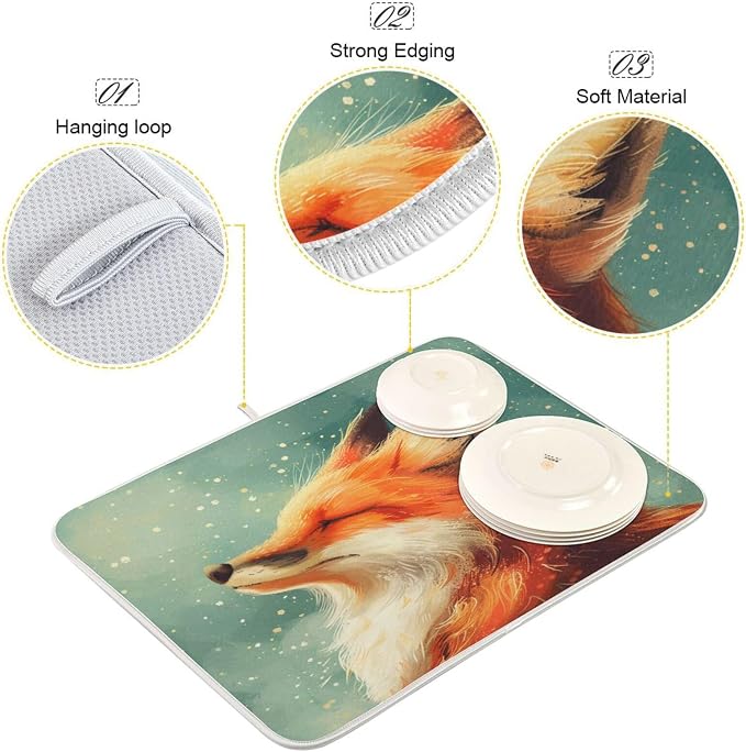 Attractive Kitchen Countertop Dish Drying Mat, Funny Enjoyed Red Fox 18" x 24" - Image 3