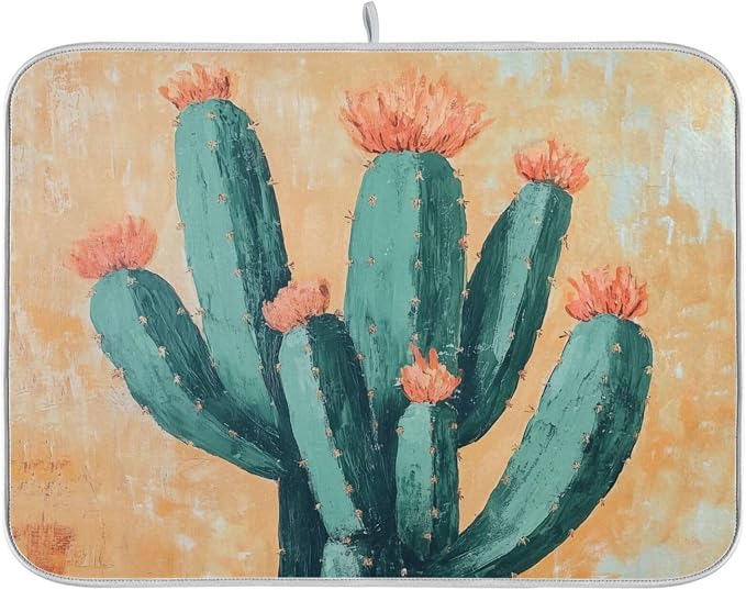 Luxuriant Kitchen Countertop Dish Drying Mat, Exotic Boho Blooming Cactus by Unknown