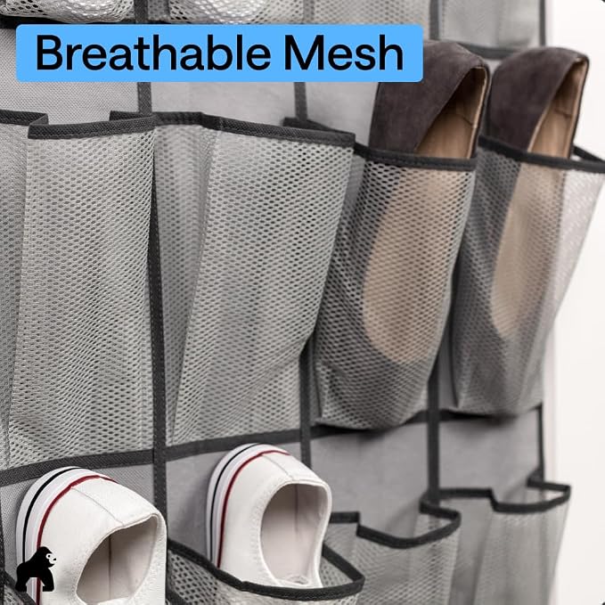 GORILLA GRIP Over the Door Shoe Organizer, 2 Pack, 24 Breathable Mesh Pockets - Image 5